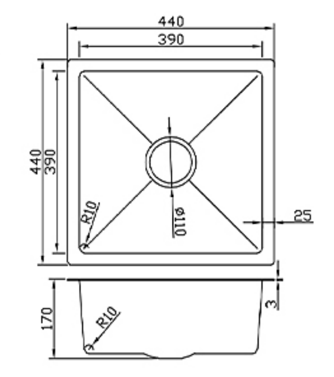 Technical drawing of a square single bowl kitchen sink with dimensions 440x440x170mm and R10 corner radius.