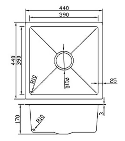 Technical drawing of a square single bowl kitchen sink with dimensions 440x440x170mm and R10 corner radius.