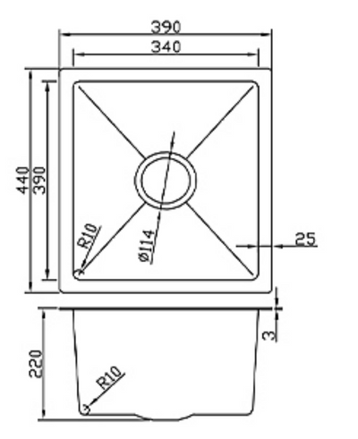 Technical drawing showing dimensions for a 390x440x220mm single bowl kitchen sink.