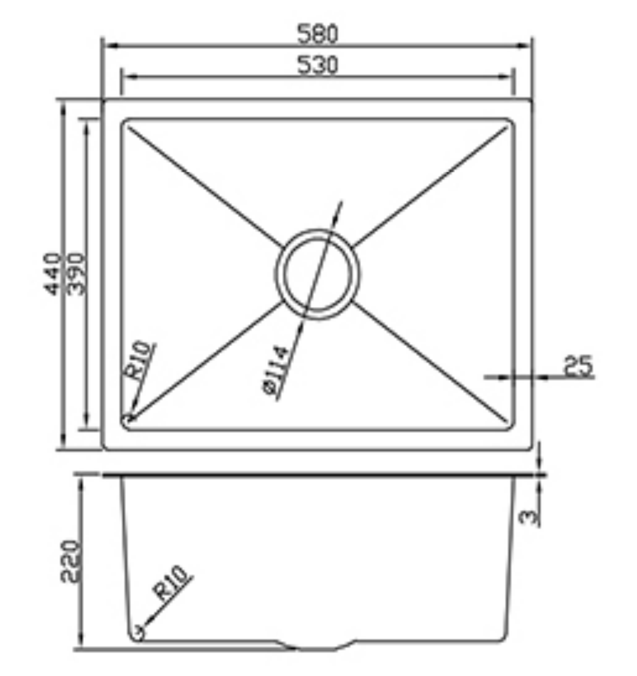 Technical drawing showing dimensions for a 580x440mm single bowl kitchen sink with R10 corners and 220mm depth.