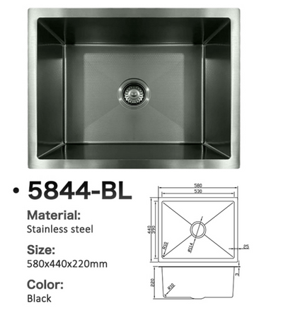 5844-BL black stainless steel single bowl kitchen sink with textured bottom and 580x440x220mm dimensions.