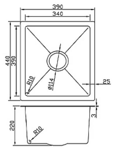 Technical dimension diagram for a 390x440mm square single bowl kitchen sink with 220mm bowl depth.