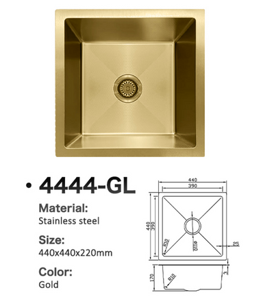Gold stainless steel square kitchen sink, model 4444-GL, 440x440x220mm, with technical dimension diagrams.