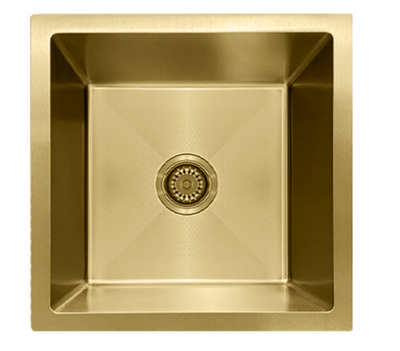 Modern square brushed gold single bowl bar sink with central drain and satin finish.