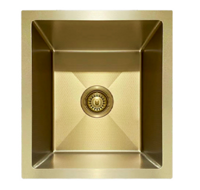 Modern brushed gold square single bowl stainless steel kitchen sink.