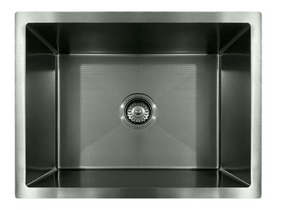 Modern brushed stainless steel single bowl undermount kitchen sink with textured honeycomb bottom.