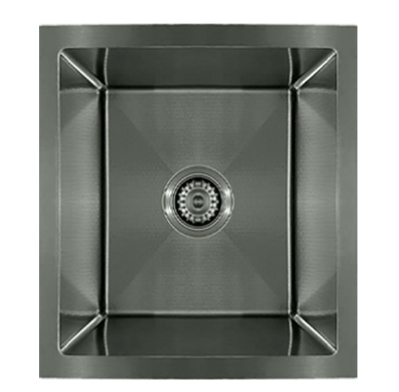 Gunmetal grey square stainless steel single bowl kitchen sink with center drain and sleek geometric drainage lines.