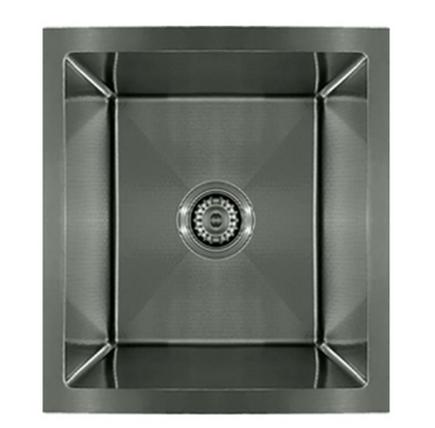 Gunmetal grey square stainless steel single bowl kitchen sink with center drain and sleek geometric drainage lines.
