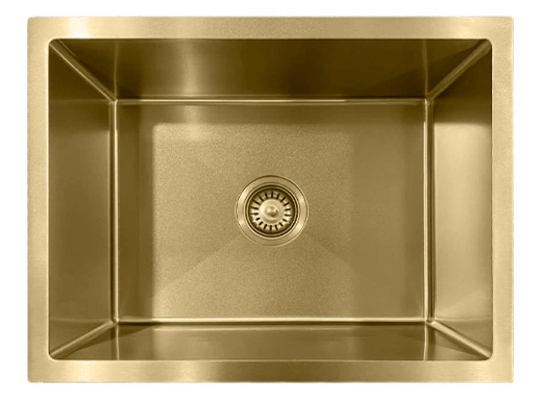 Modern gold single bowl undermount kitchen sink with center drain and stainless steel finish.