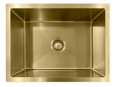 Modern gold single bowl undermount kitchen sink with center drain and stainless steel finish.