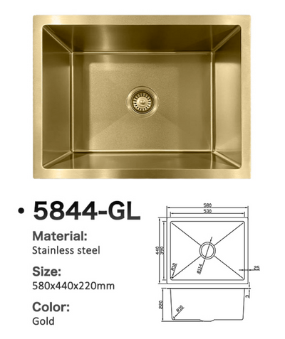 Gold stainless steel single bowl kitchen sink 5844-GL, 580x440x220mm, with technical dimensions.