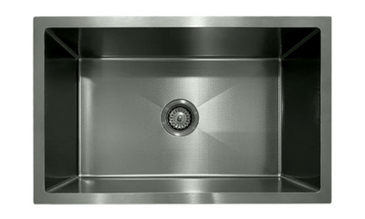 Modern silver stainless steel single bowl kitchen sink with a textured pattern and central drain, top-down view.
