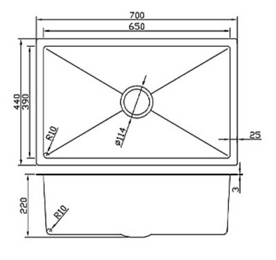 Technical drawing of a 700x440mm rectangular single bowl kitchen sink showing dimensions and 220mm depth profile.
