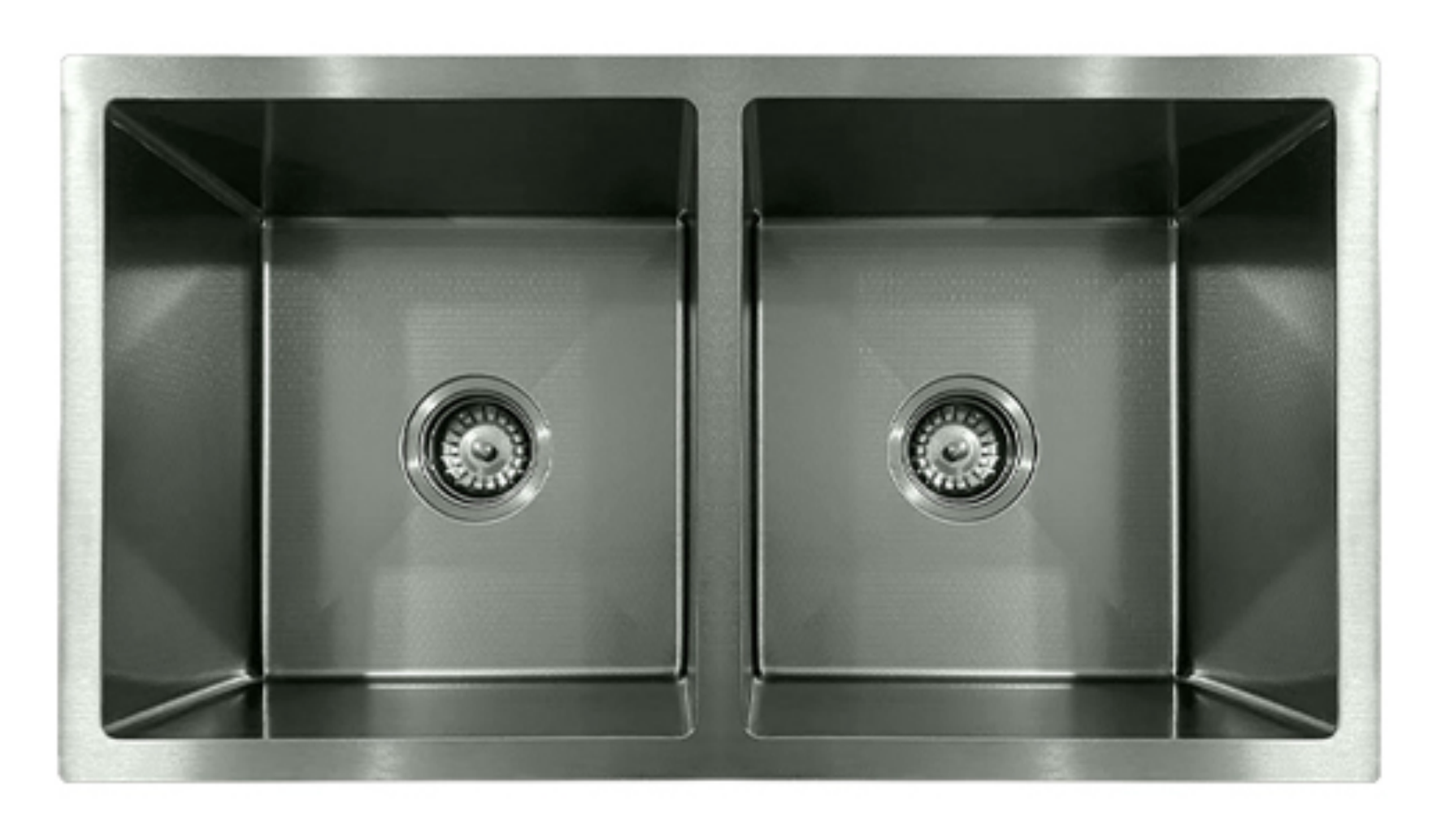 Modern brushed stainless steel double bowl kitchen sink with drain strainers.