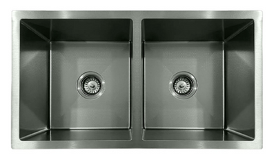 Modern brushed stainless steel double bowl kitchen sink with drain strainers.