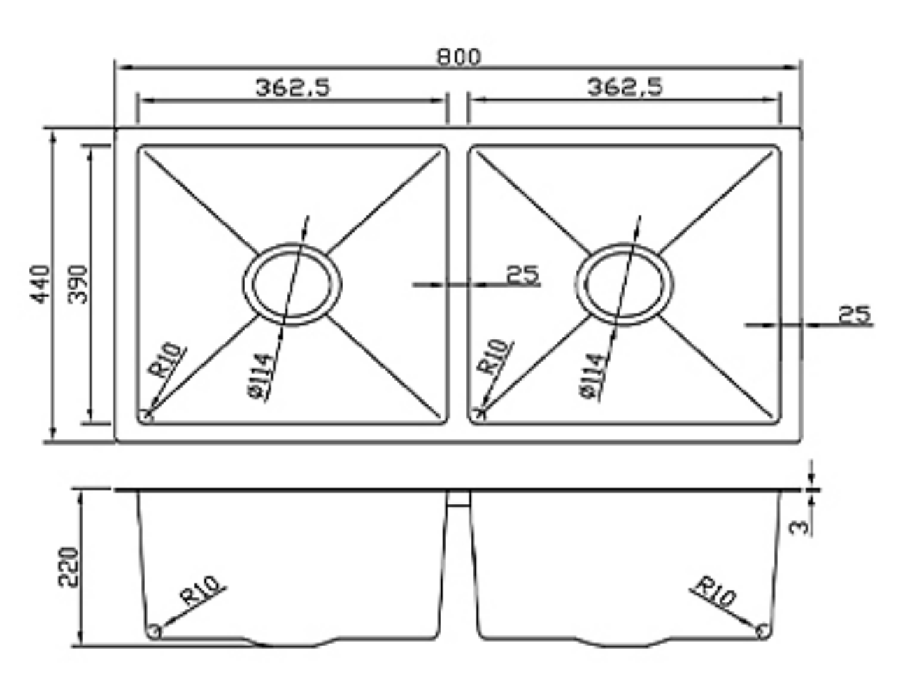 Technical drawing of an 800mm double bowl stainless steel kitchen sink showing detailed dimensions and measurements.