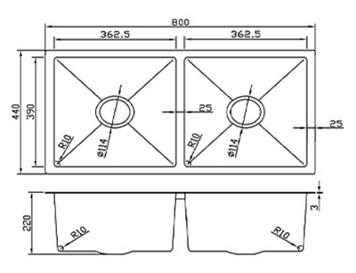Technical drawing of an 800mm double bowl stainless steel kitchen sink showing detailed dimensions and measurements.