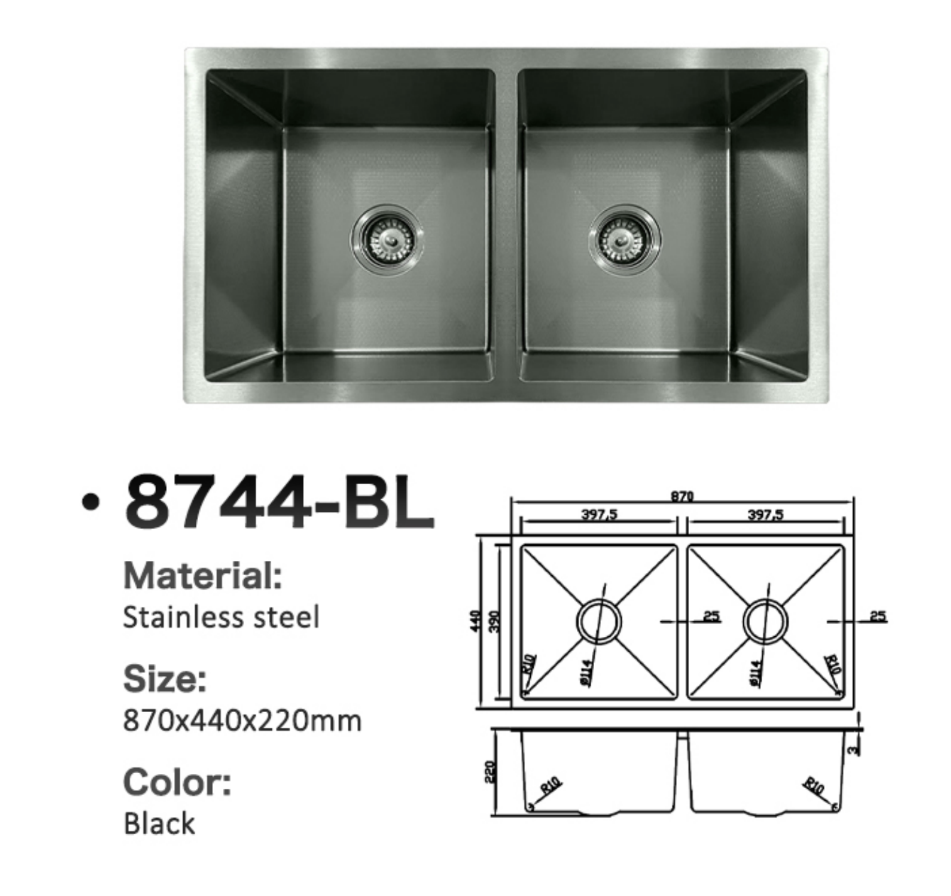 8744-BL Honeycomb Stainless Steel Double Bowl Sink