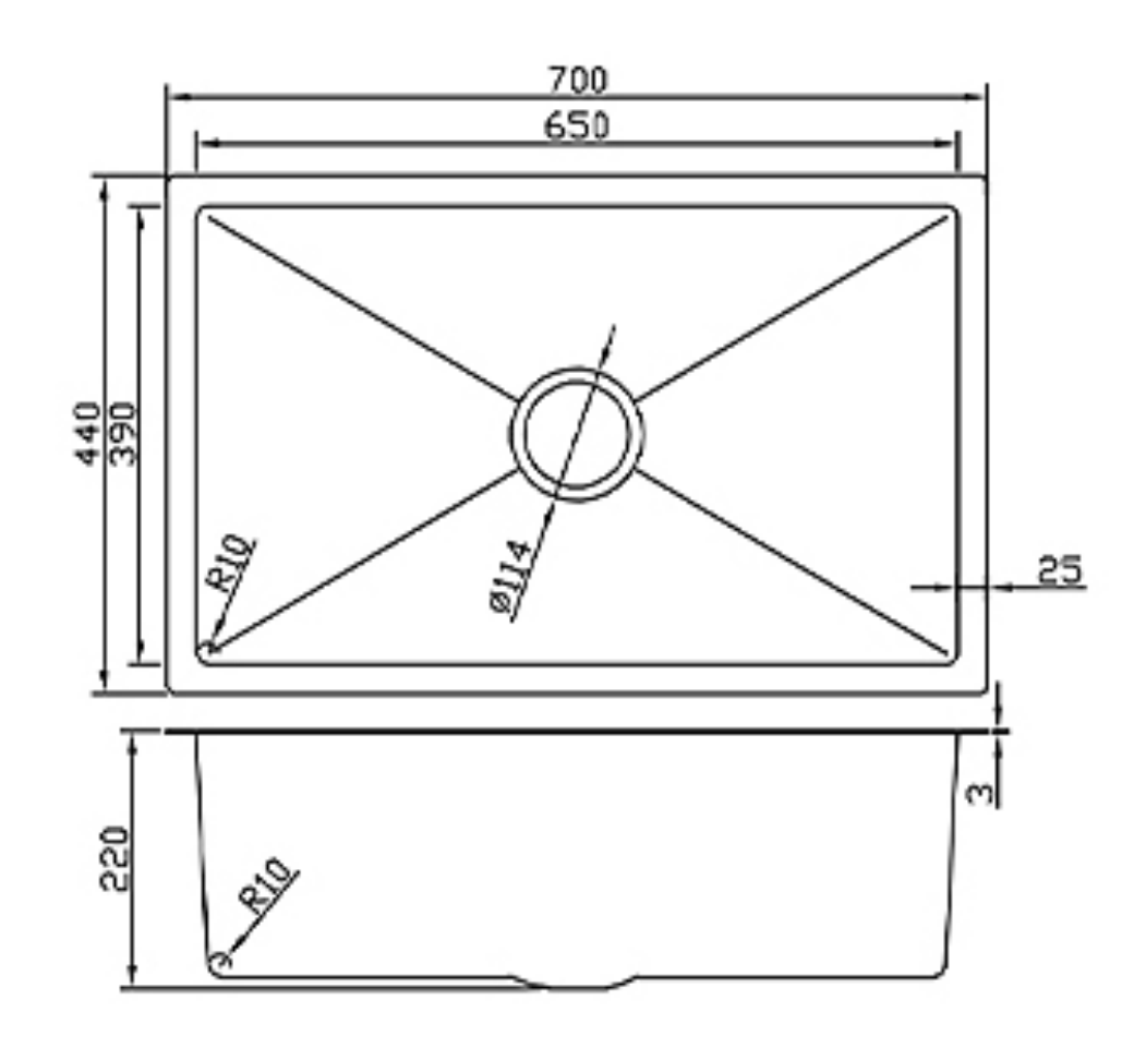 Technical dimension drawing of a 700x440mm single bowl kitchen sink showing bowl depth and drain specifications.