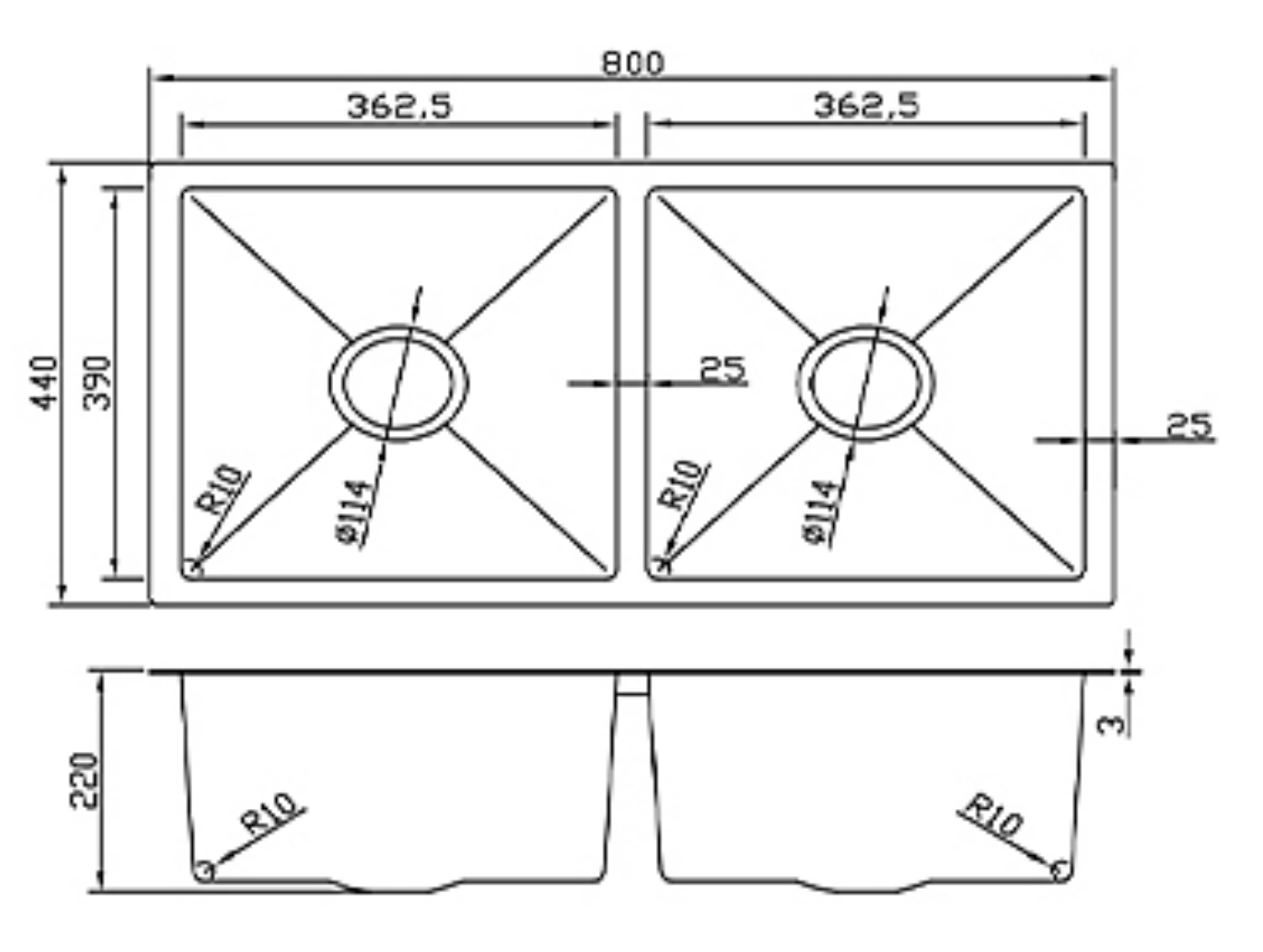 Technical drawing of an 800x440mm double bowl stainless steel kitchen sink with dimensions and corner radii.