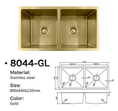 Gold double bowl stainless steel kitchen sink, 8044-GL model, 800x440x220mm with technical drawing.