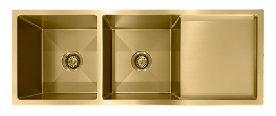Brushed gold double bowl kitchen sink with integrated side drainboard, modern stainless steel design.