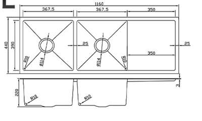 Technical drawing for a double bowl kitchen sink with side drainer, 1160mm total width and 220mm bowl depth dimensions.