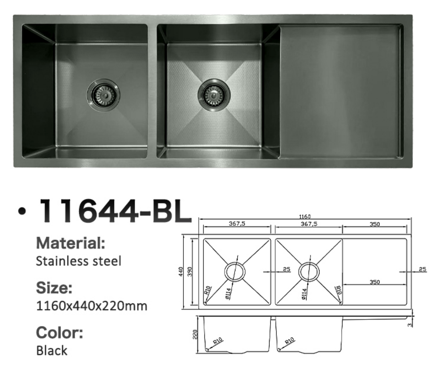 Black stainless steel double bowl kitchen sink with drainboard, 1160x440x220mm, model 11644-BL.