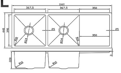 Technical drawing showing dimensions for a 1160mm double bowl stainless steel kitchen sink with a side drainboard.