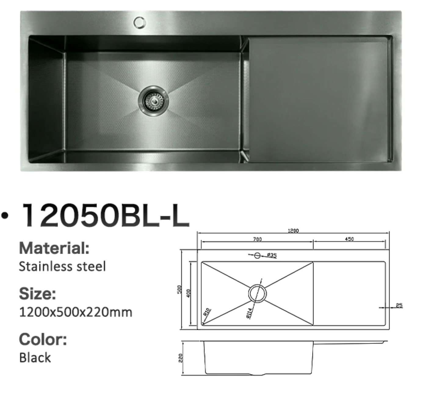 Black stainless steel single bowl kitchen sink with drainboard, 1200x500mm, sleek modern design.