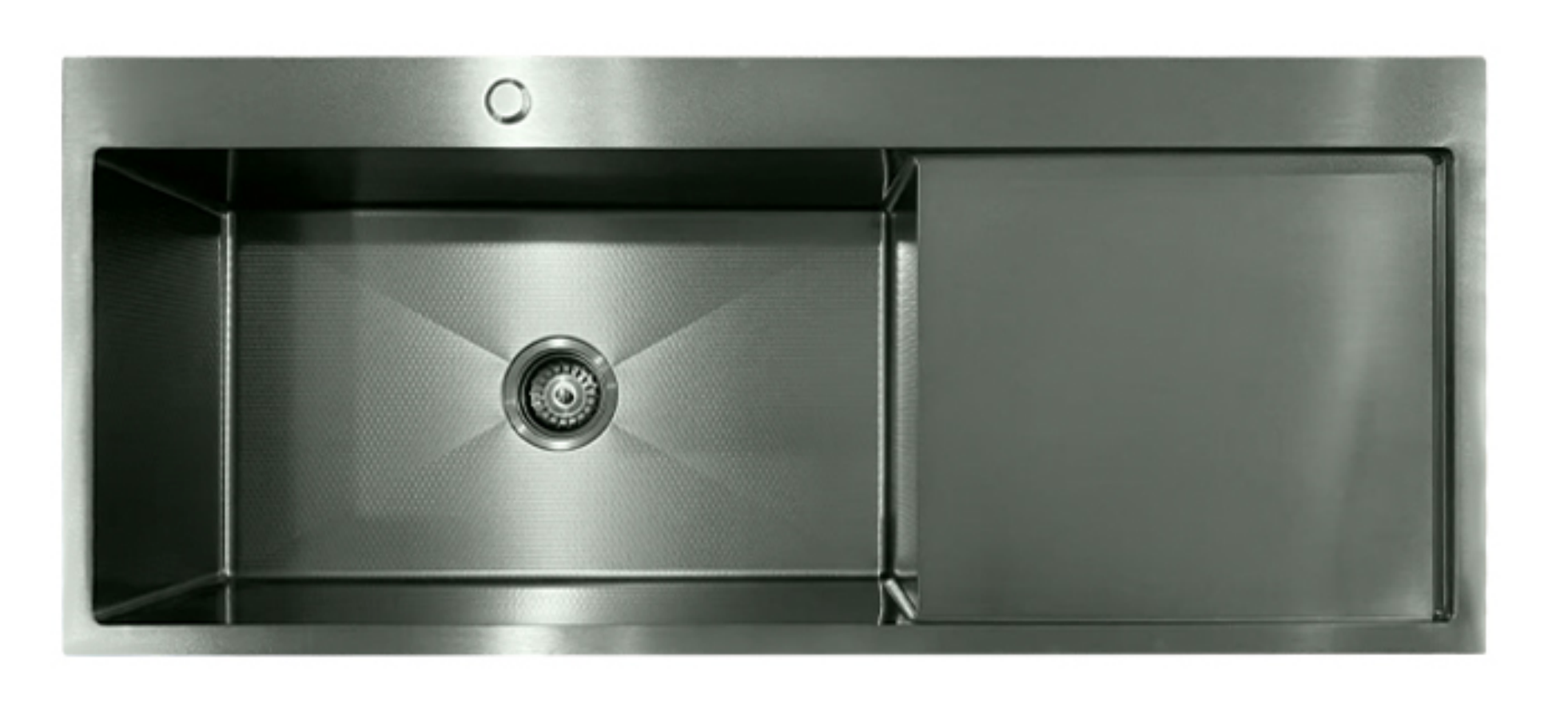 Gunmetal grey stainless steel single bowl kitchen sink with integrated drainboard and textured finish.