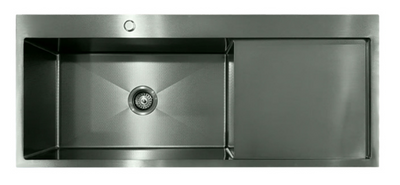 Gunmetal grey stainless steel single bowl kitchen sink with integrated drainboard and textured finish.