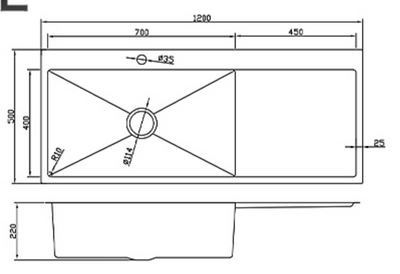Technical drawing with dimensions for a 1200mm single bowl kitchen sink with integrated drainboard.