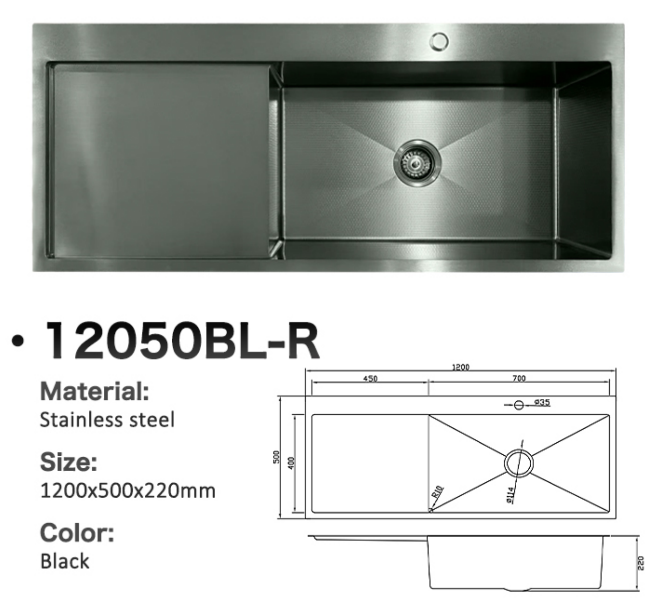 Black stainless steel single bowl kitchen sink with drainboard, 1200x500mm dimensions, model 12050BL-R.