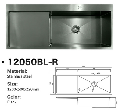 Black stainless steel single bowl kitchen sink with drainboard, 1200x500mm dimensions, model 12050BL-R.