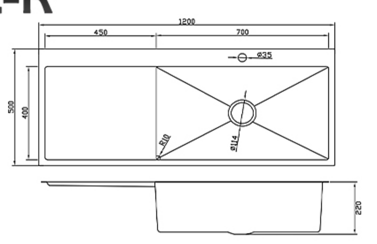 Technical drawing of a 1200mm single bowl kitchen sink with drainboard, showing 500mm width and 220mm bowl depth.