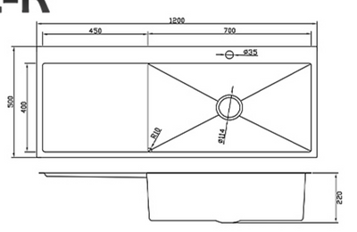 Technical drawing of a 1200mm single bowl kitchen sink with drainboard, showing 500mm width and 220mm bowl depth.