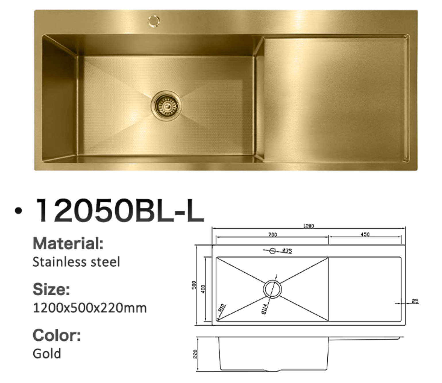 Gold stainless steel single bowl kitchen sink with drainboard and technical dimensions.
