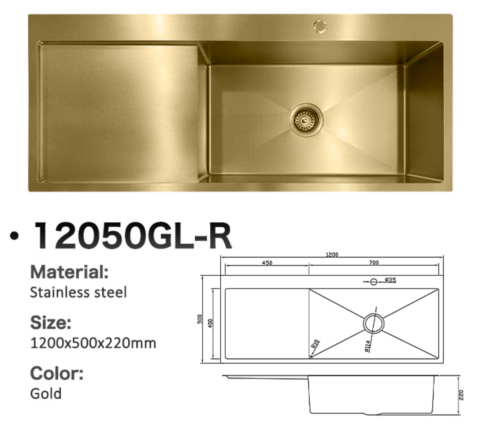Gold stainless steel kitchen sink with single bowl and drainboard, model 12050GL-R with technical dimensions.