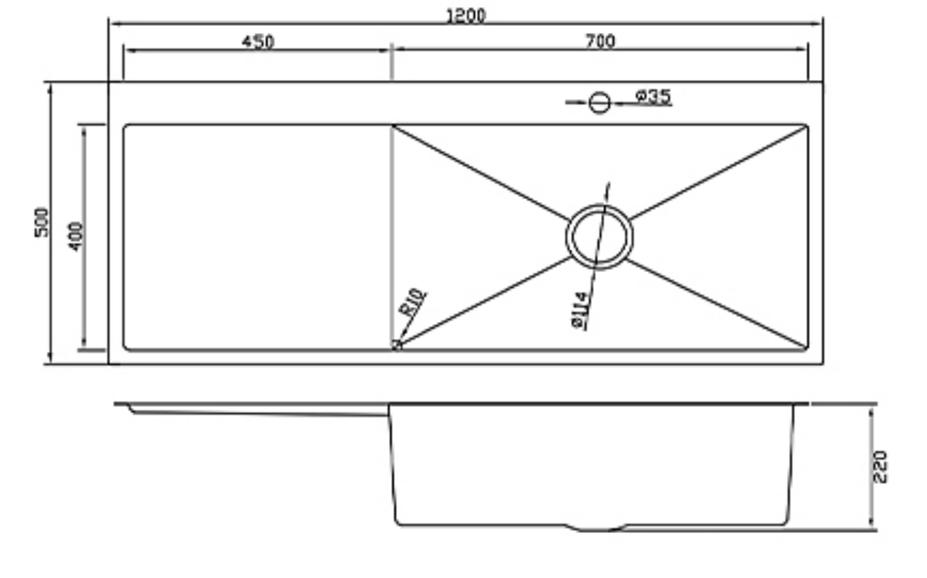 Technical drawing of a 1200x500mm single bowl kitchen sink with integrated drainboard and installation dimensions.