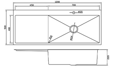 Technical drawing of a 1200x500mm single bowl kitchen sink with integrated drainboard and installation dimensions.