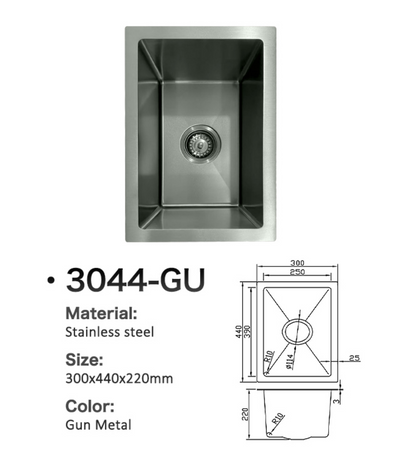 Gun Metal stainless steel kitchen sink 3044-GU, 300x440x220mm, featuring a single rectangular bowl and dimensions.