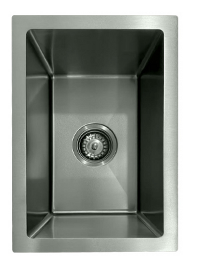Modern rectangular brushed stainless steel single bowl kitchen sink with center drain.
