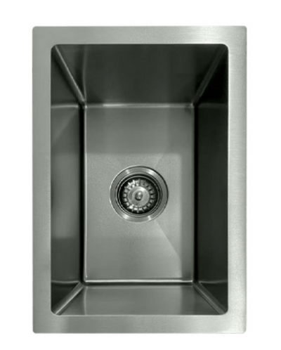 Modern rectangular brushed stainless steel single bowl undermount kitchen sink with central strainer drain.