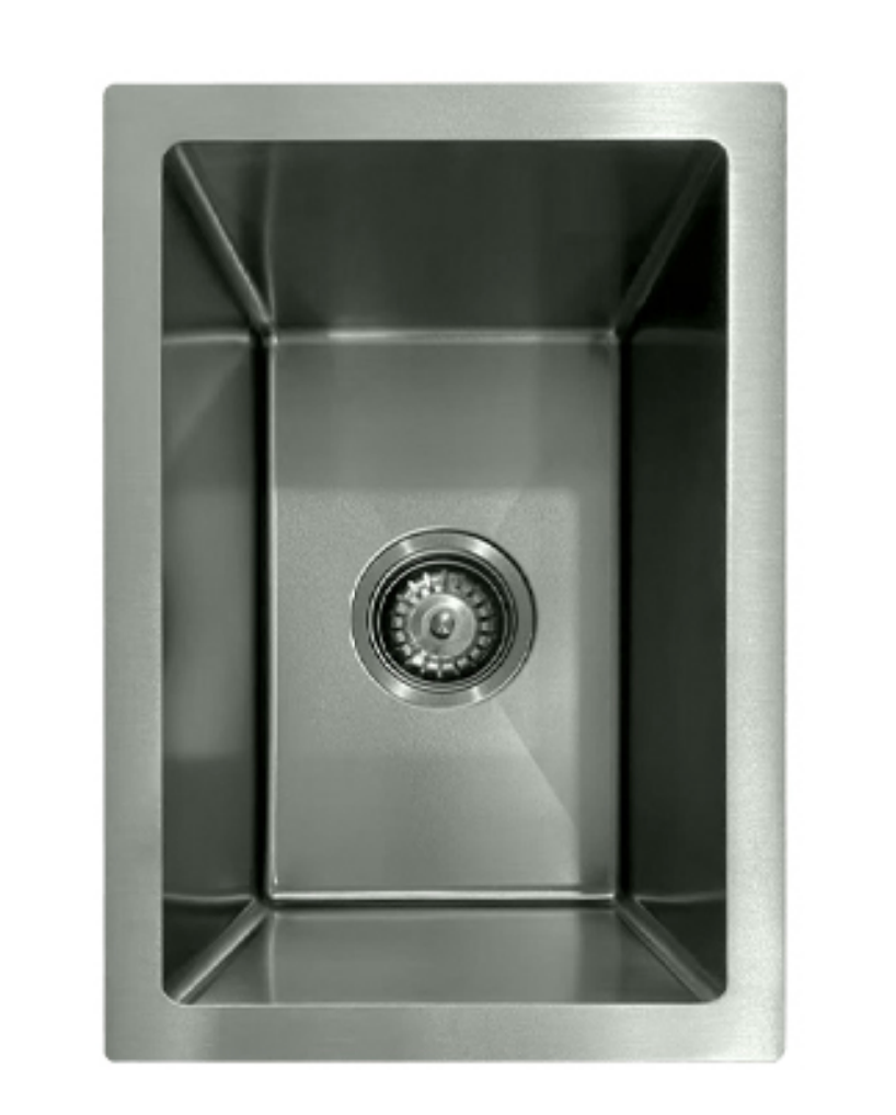 Modern rectangular brushed stainless steel single bowl undermount kitchen sink with central strainer drain.