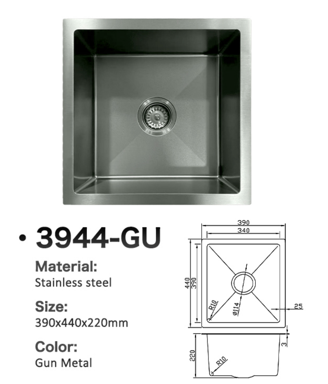 Gun metal stainless steel kitchen sink 3944-GU, 390x440x220mm, with technical dimensions.