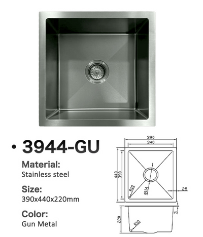 Gun metal stainless steel kitchen sink 3944-GU, 390x440x220mm, with technical dimensions.