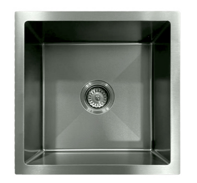 Square brushed stainless steel single bowl undermount kitchen bar sink with center drain.