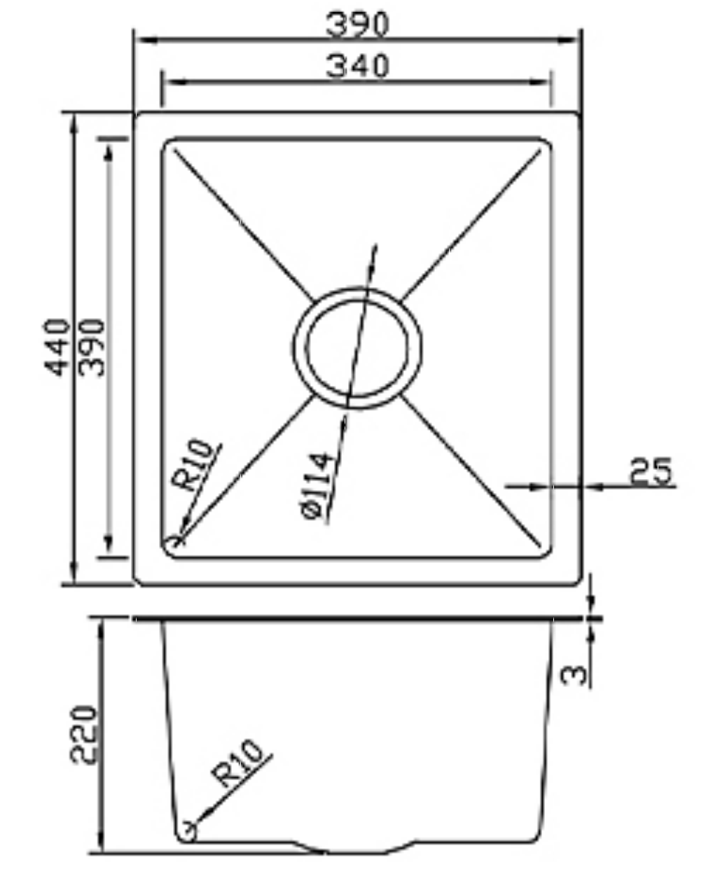 Technical dimension diagram for a single bowl kitchen sink measuring 390x440x220mm with R10 radius corners.