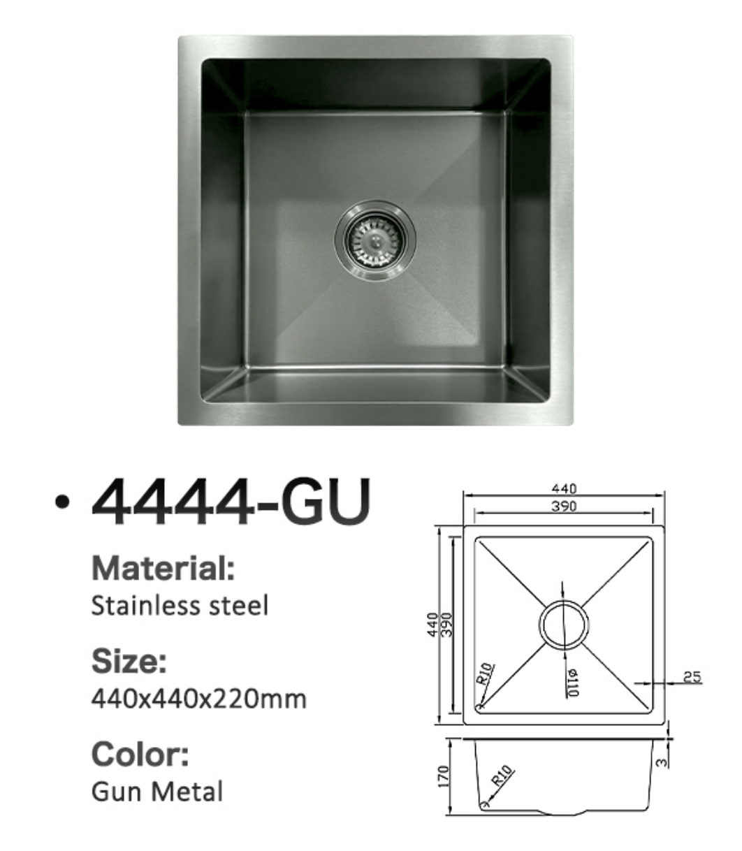 Gun Metal 4444-GU stainless steel square single bowl kitchen sink, 440x440x220mm with technical dimension diagram.